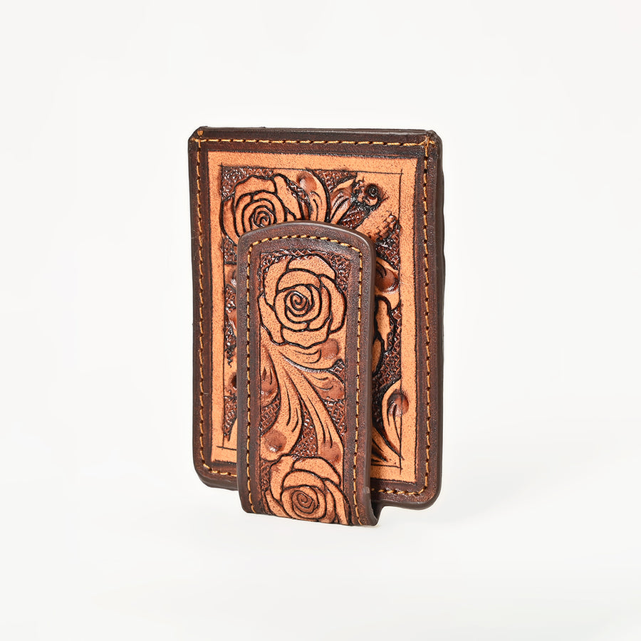 BAR H EQUINE Hand-Tooled Floral Carved Western Genuine Leather Money Clip Wallet - Uhorse