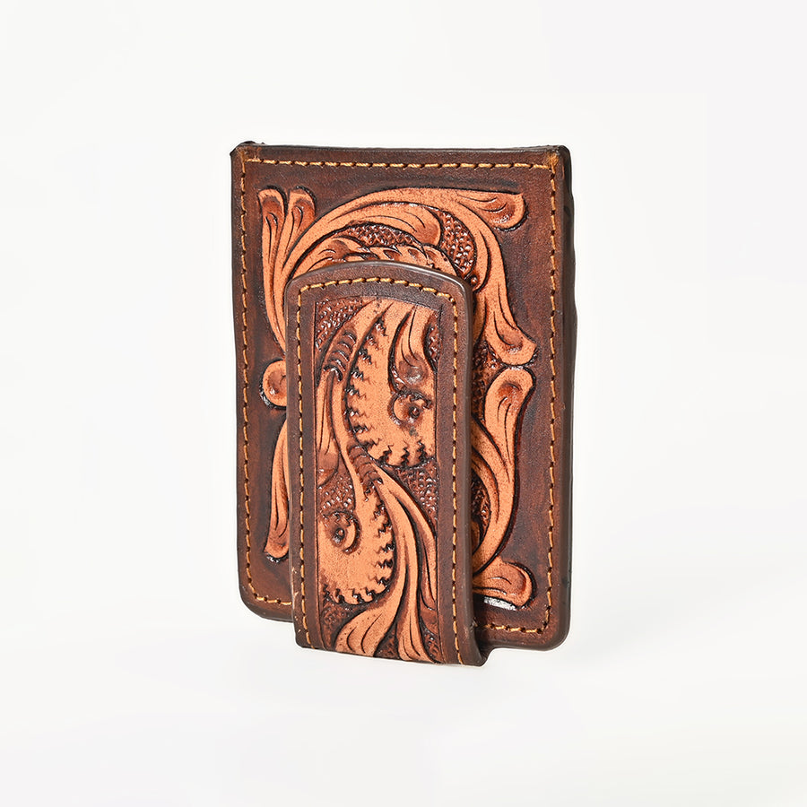 BAR H EQUINE Hand-Tooled Floral Carved Western Genuine Leather Money Clip Wallet - Uhorse