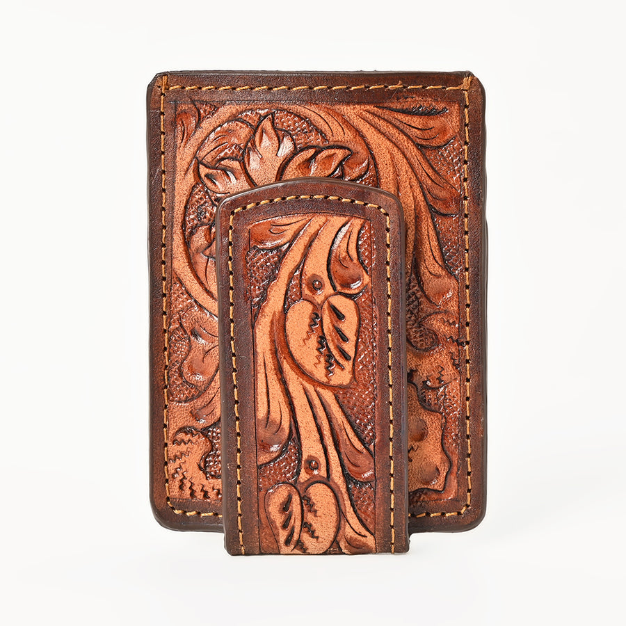 BAR H EQUINE Hand-Tooled Genuine Leather Money Clip Wallet Floral Carved | Western Style Card & Cash Holder