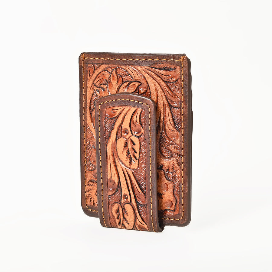 BAR H EQUINE Hand-Tooled Floral Carved Western Genuine Leather Money Clip Wallet - Uhorse