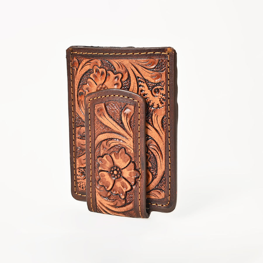 BAR H EQUINE Hand-Tooled Floral Carved Western Genuine Leather Money Clip Wallet - Uhorse