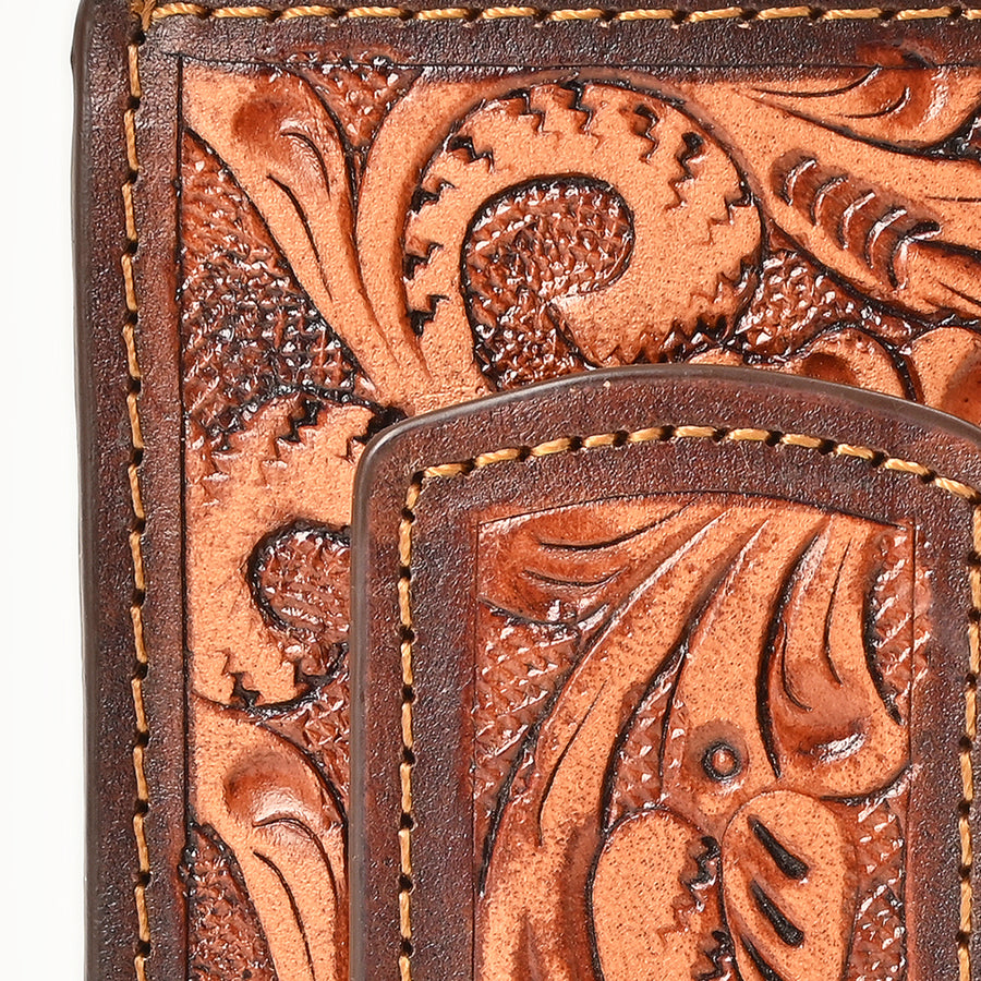 BAR H EQUINE Hand-Tooled Genuine Leather Money Clip Wallet Floral Carved | Western Style Card & Cash Holder