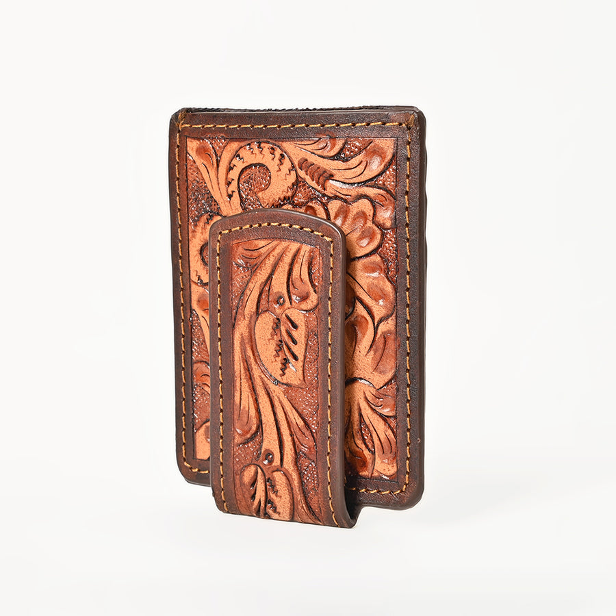 BAR H EQUINE Hand-Tooled Floral Carved Western Genuine Leather Money Clip Wallet - Uhorse
