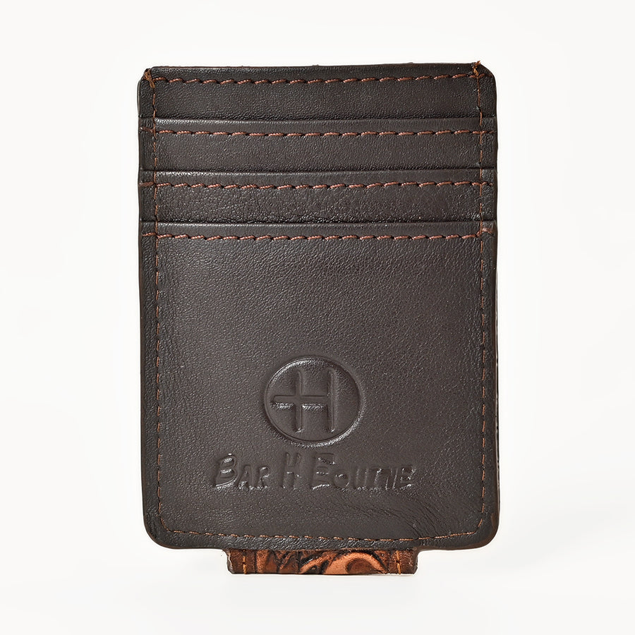 BAR H EQUINE Hand-Tooled Genuine Leather Money Clip Wallet Floral Carved | Western Style Card & Cash Holder