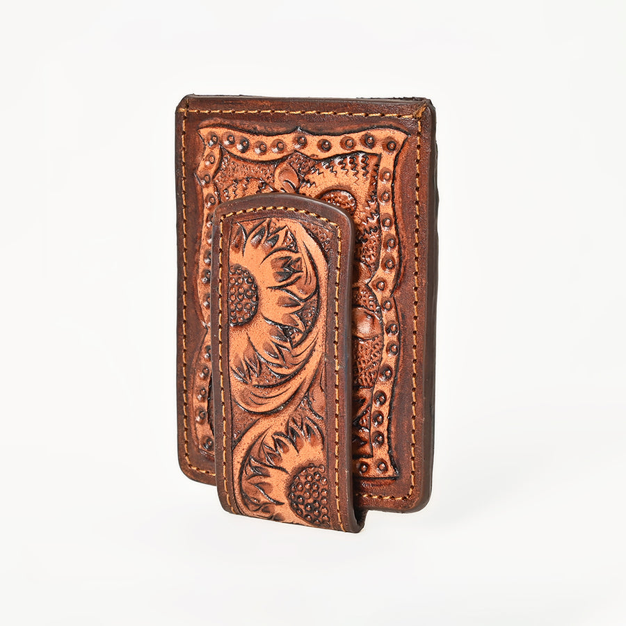 BAR H EQUINE Hand-Tooled Floral Carved Western Genuine Leather Money Clip Wallet - Uhorse