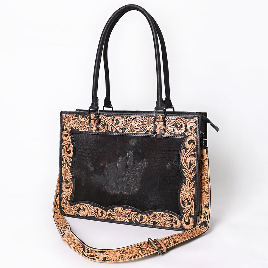American Darling Western Genuine Crocodile-Embossed Leather Hand-Tooled Tote Bag with Floral Carving - Uhorse
