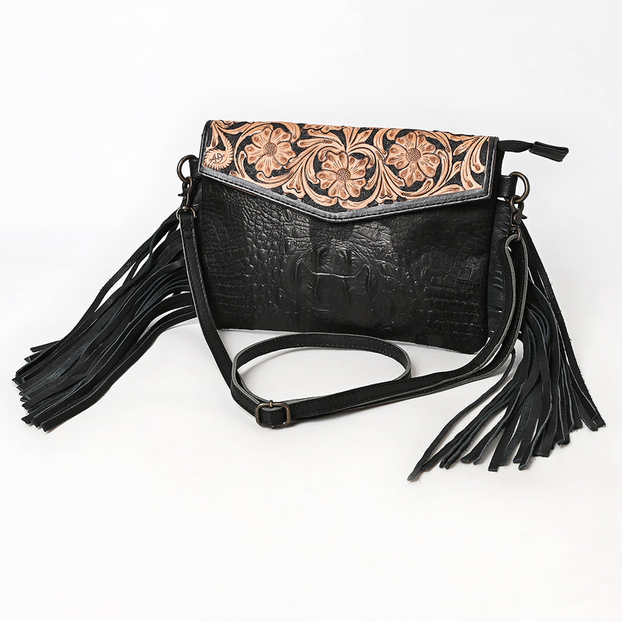 American Darling Western Genuine Leather Hand-Tooled Wallet Hand Bag with Fringe Design - Uhorse