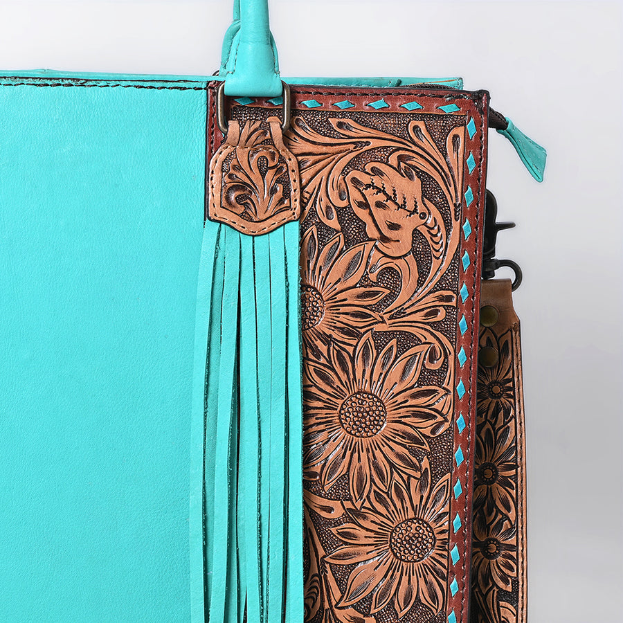 American Darling Western Tote Bag Hand-Tooled Floral Carved Genuine Leather with Fringe Buck-Stitched Design and Spacious Everyday Functionality