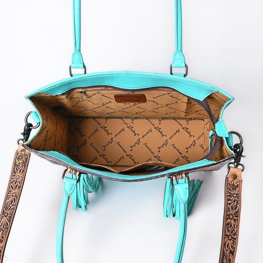 American Darling Western Tote Bag Hand-Tooled Floral Carved Genuine Leather with Fringe Buck-Stitched Design and Spacious Everyday Functionality