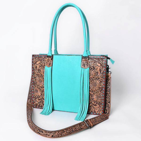 American Darling Western Genuine Leather Hand-Tooled Tote Bag with Fringe and Buck-Stitched Detailing - Uhorse