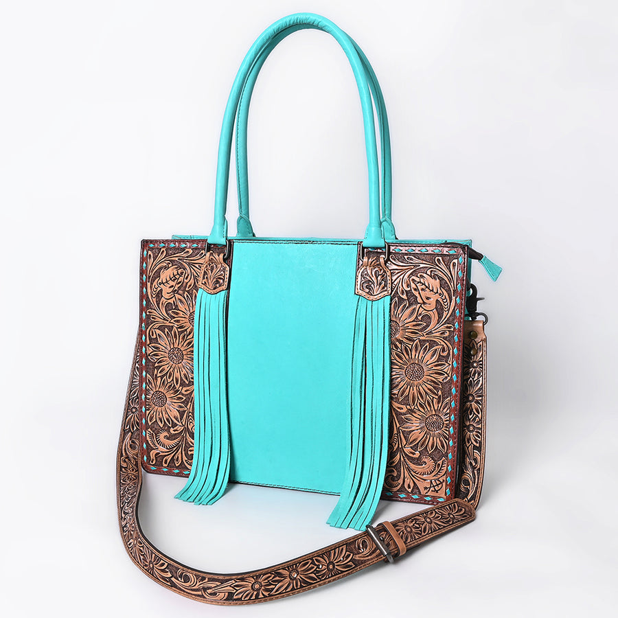 American Darling Western Genuine Leather Hand-Tooled Tote Bag with Fringe and Buck-Stitched Detailing - Uhorse