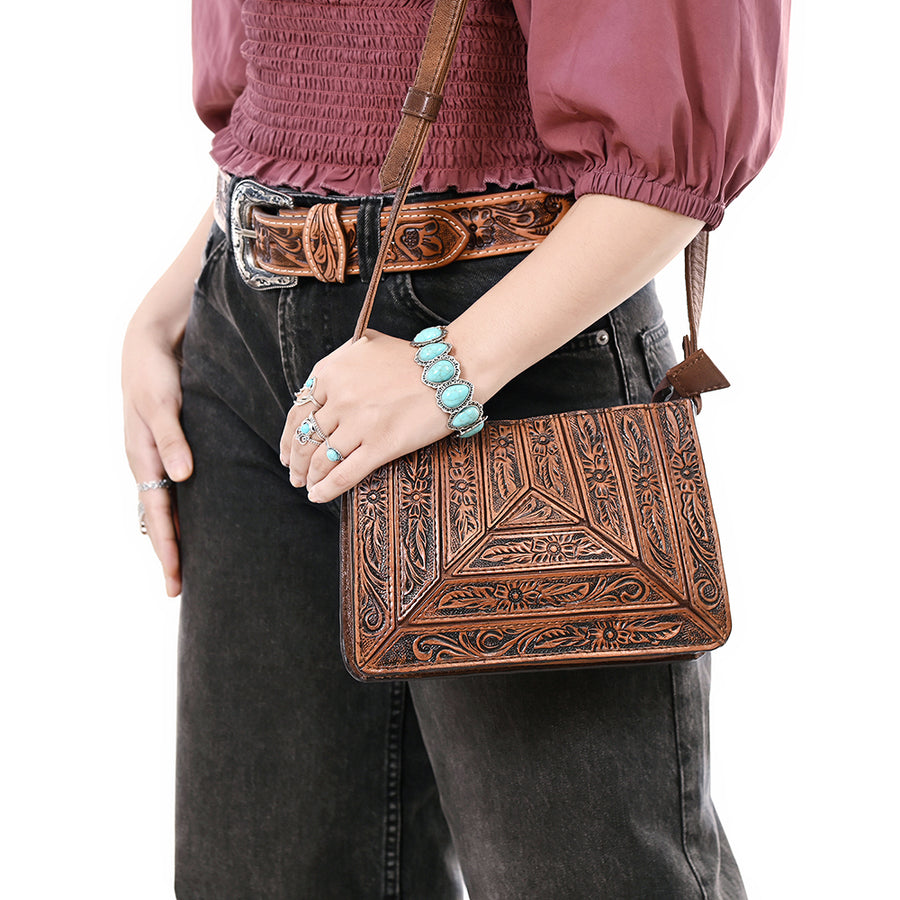 American Darling Hand-Tooled Small Cross Body Bag Genuine Leather Floral Carved Design with Premium Craftsmanship and Everyday Functionality