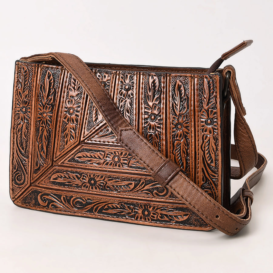 American Darling Western Genuine Leather Hand-Tooled Small Cross Body Bag with Floral Carving - Uhorse