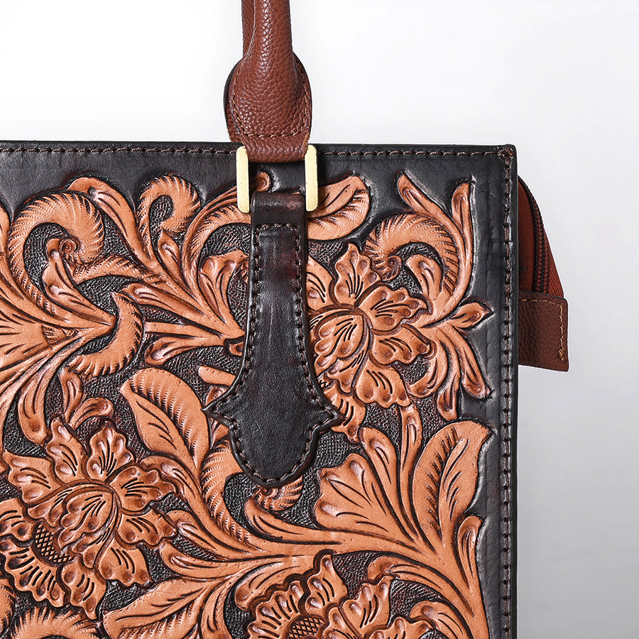 American Darling Hand Tooled Floral Carved Vegetable-Tanned Full Grain Genuine Leather Tote Bag with YKK Zipper
