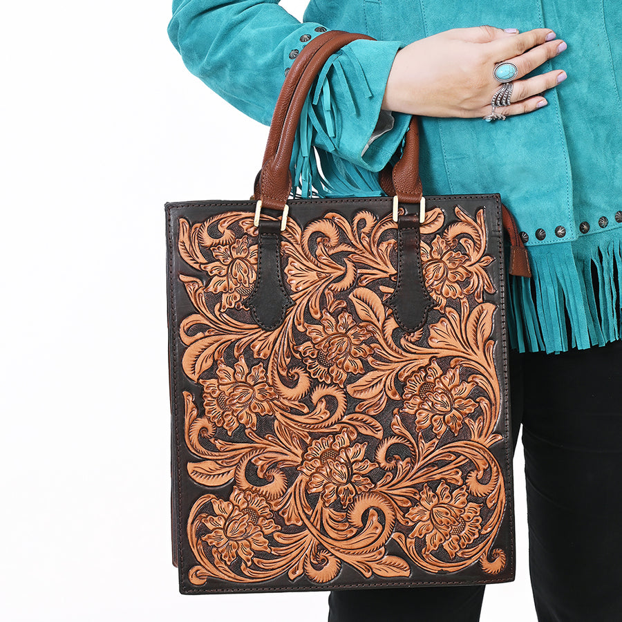American Darling Hand Tooled Floral Carved Vegetable-Tanned Full Grain Genuine Leather Tote Bag with YKK Zipper