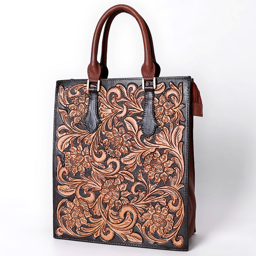 American Darling Hand Tooled Genuine Leather Tote Bag Floral Carved - Uhorse