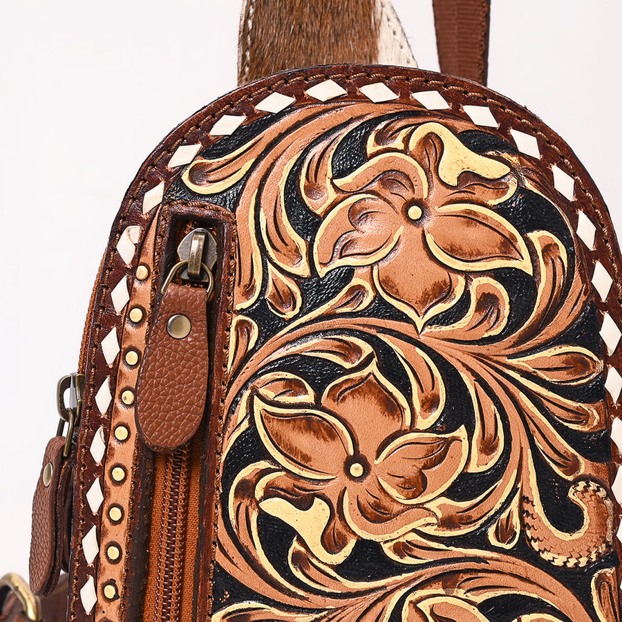 American Darling Hand Tooled Floral Carved Vegetable-Tanned Genuine Leather Sling Bag with Hair-On Cowhide & YKK Zipper