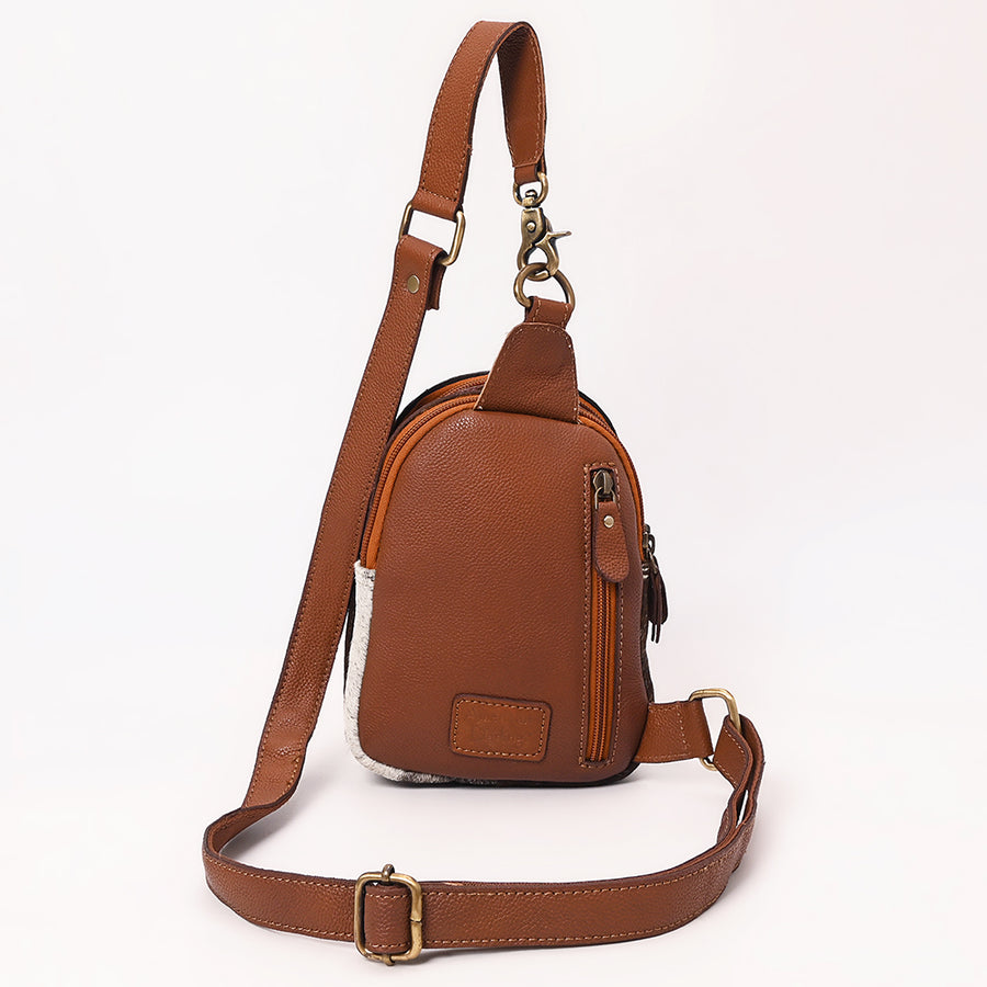 American Darling Hand Tooled Floral Carved Vegetable-Tanned Genuine Leather Sling Bag with Hair-On Cowhide & YKK Zipper