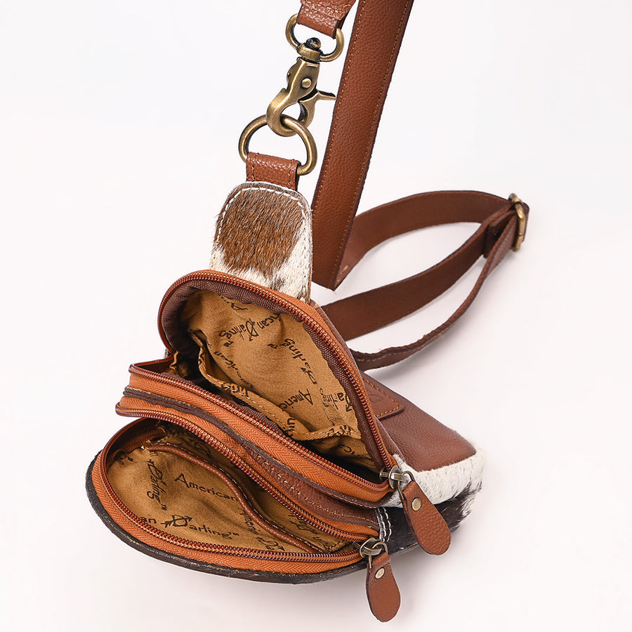 American Darling Hand Tooled Floral Carved Vegetable-Tanned Genuine Leather Sling Bag with Hair-On Cowhide & YKK Zipper