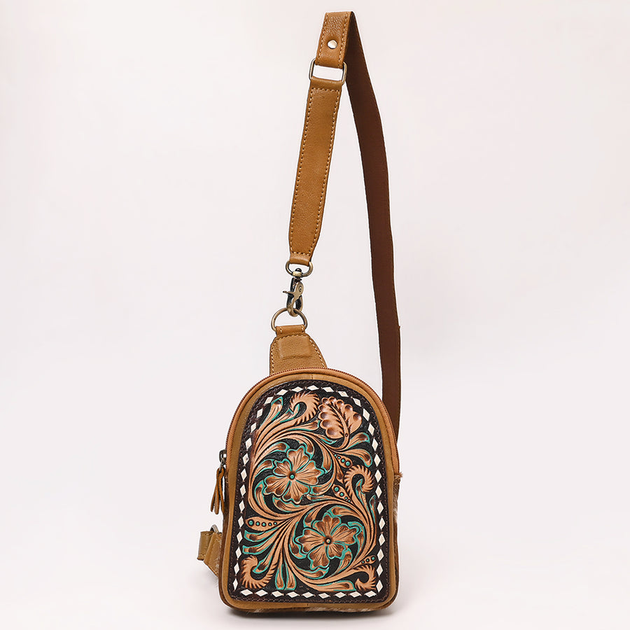 American Darling Hand Tooled Floral Carved Vegetable-Tanned Genuine Leather Sling Bag with Hair-On Cowhide & YKK Zipper