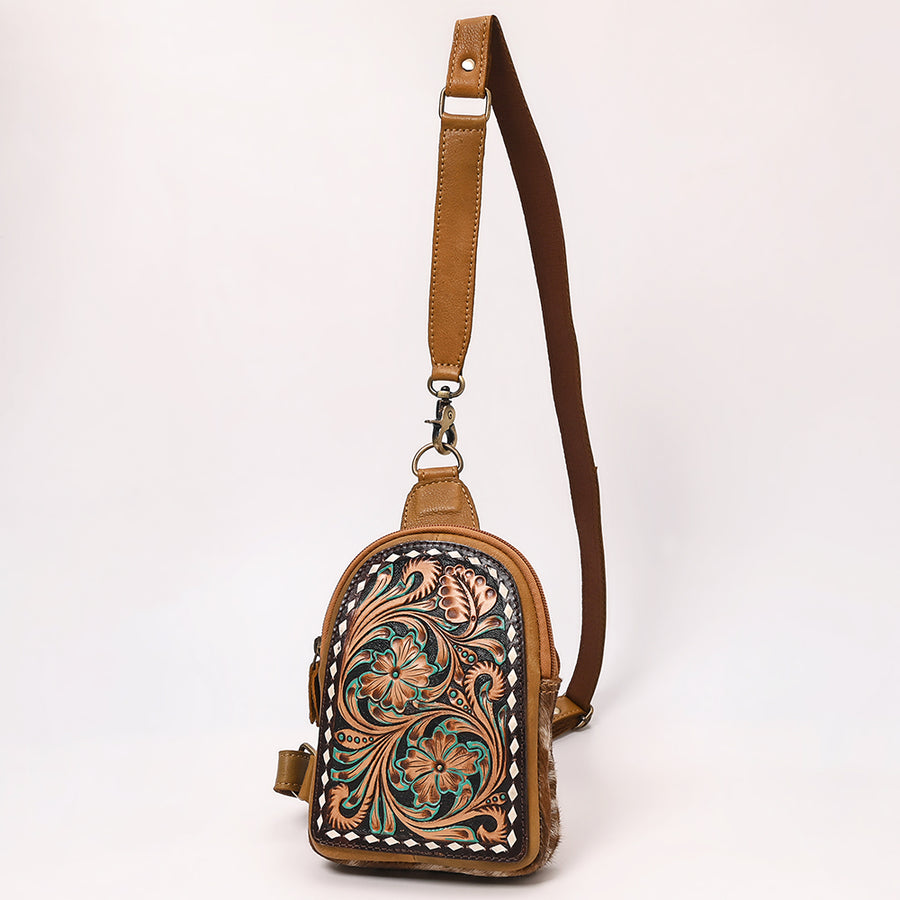 American Darling Hand Tooled Hair-On Cowhide Genuine Leather Sling Bag - Uhorse