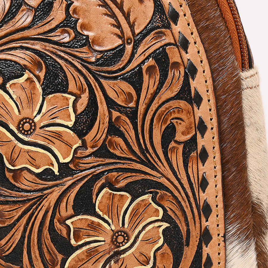 American Darling Hand Tooled Floral Carved Vegetable-Tanned Genuine Leather Sling Bag with Hair-On Cowhide & YKK Zipper