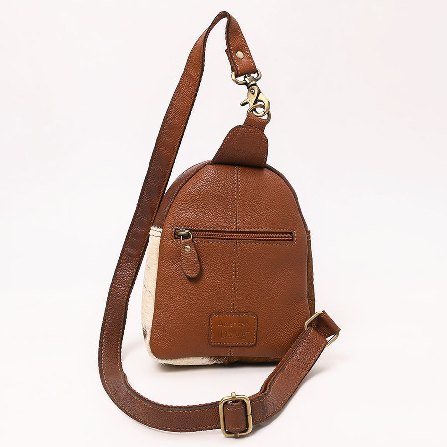American Darling Hand Tooled Floral Carved Vegetable-Tanned Genuine Leather Sling Bag with Hair-On Cowhide & YKK Zipper