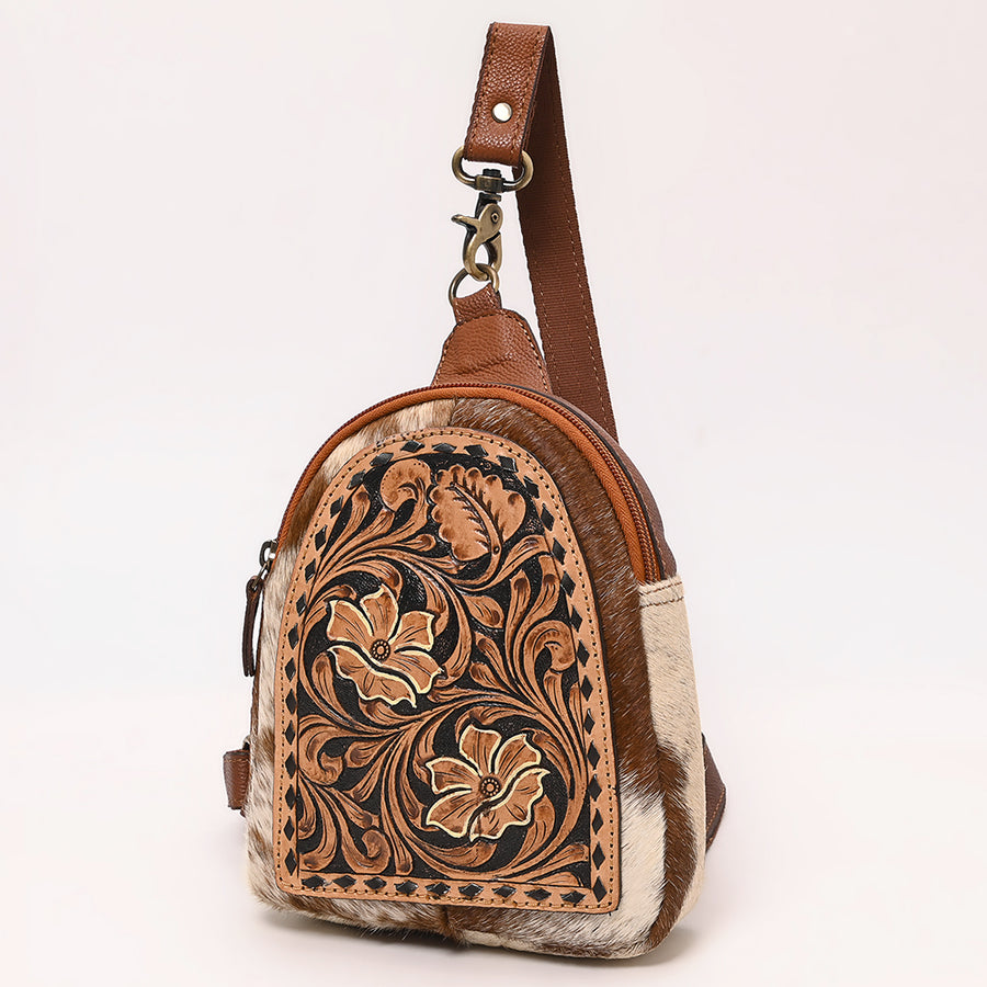 American Darling Hand Tooled Hair-On Cowhide Genuine Leather Sling Bag - Uhorse