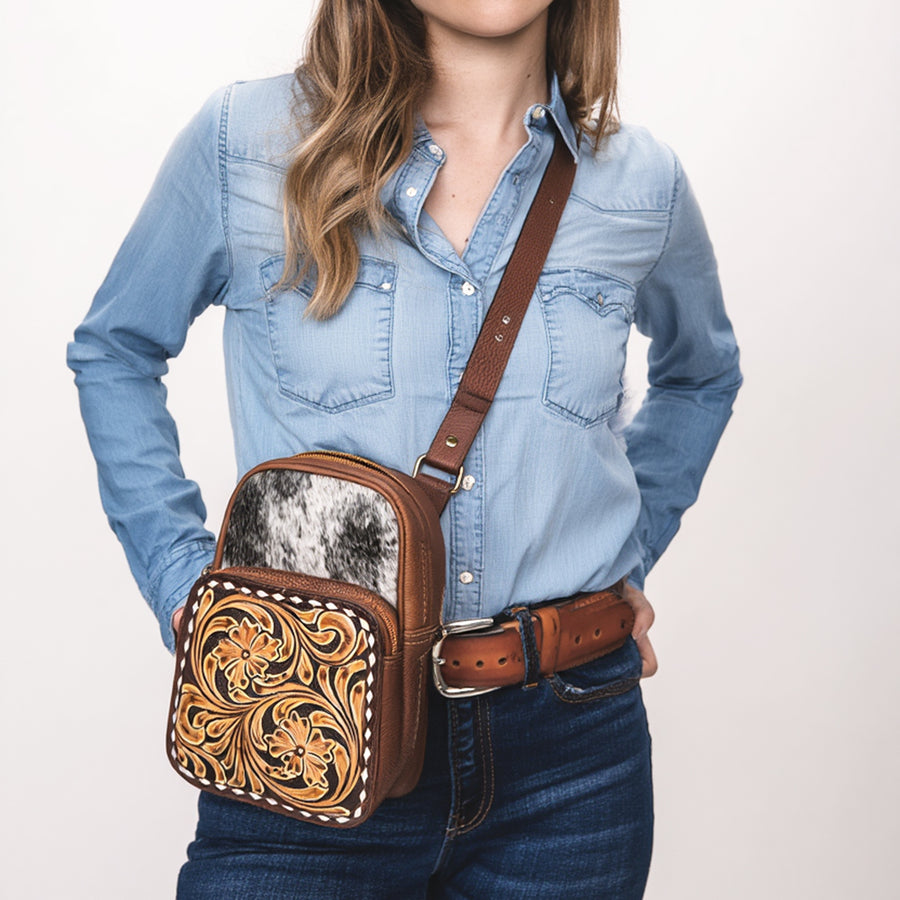 American Darling Hand Tooled Floral Carved Vegetable-Tanned Genuine Leather Sling Bag with Hair-On Cowhide & YKK Zipper