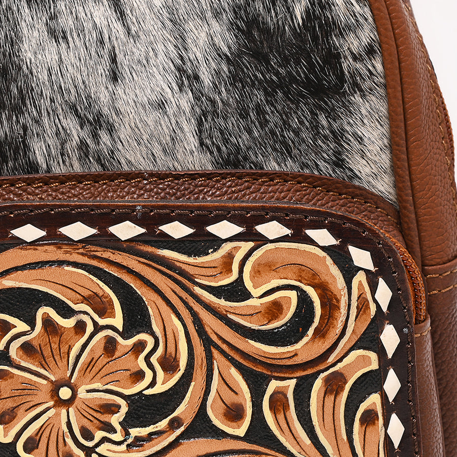 American Darling Hand Tooled Floral Carved Vegetable-Tanned Genuine Leather Sling Bag with Hair-On Cowhide & YKK Zipper