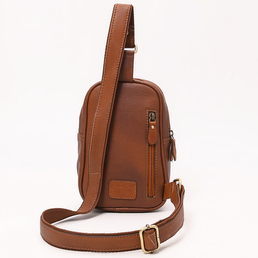American Darling Hand Tooled Floral Carved Vegetable-Tanned Genuine Leather Sling Bag with Hair-On Cowhide & YKK Zipper