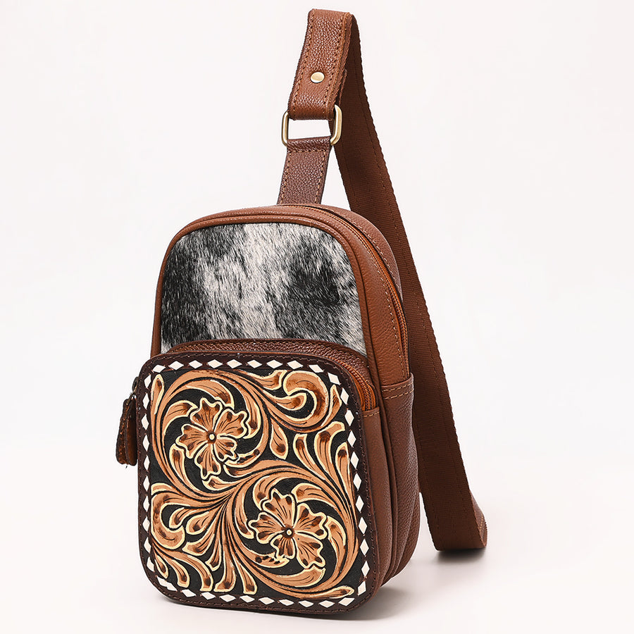 American Darling Hand Tooled Hair-On Cowhide Genuine Leather Sling Bag - Uhorse