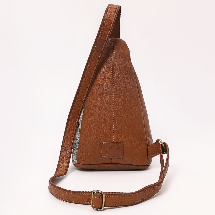 American Darling Hand Tooled Floral Carved Vegetable-Tanned Genuine Leather Sling Bag with Hair-On Cowhide & YKK Zipper
