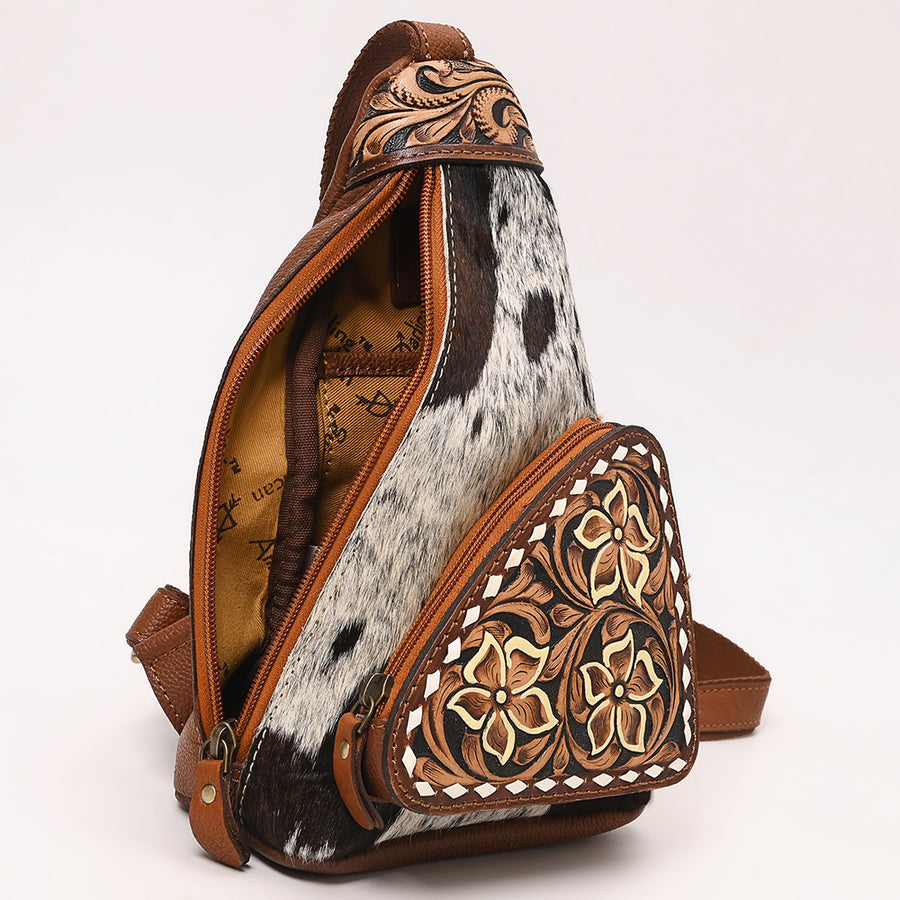 American Darling Hand Tooled Floral Carved Vegetable-Tanned Genuine Leather Sling Bag with Hair-On Cowhide & YKK Zipper