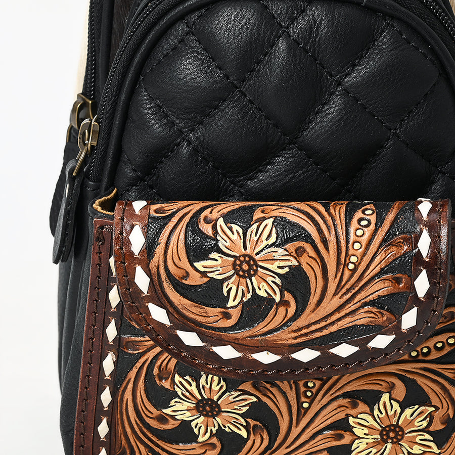 American Darling Hand-Tooled Floral Quilted Hair-On Cowhide Sling Bag Genuine Vegetable-Tanned Leather Crossbody