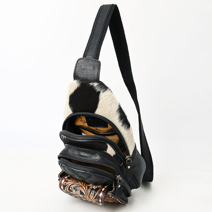 American Darling Hand-Tooled Floral Quilted Hair-On Cowhide Sling Bag Genuine Vegetable-Tanned Leather Crossbody