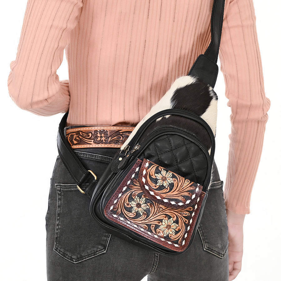 American Darling Hand-Tooled Floral Quilted Hair-On Cowhide Sling Bag Genuine Vegetable-Tanned Leather Crossbody