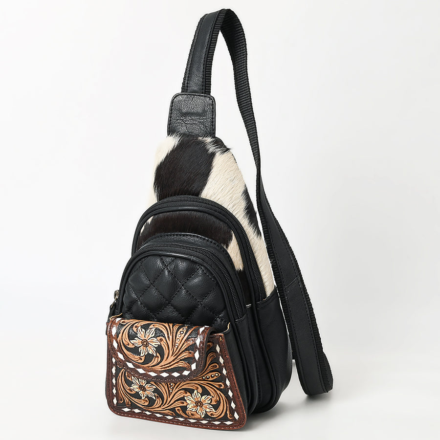 American Darling Hand-Tooled Floral Hair-On Cowhide Leather Sling Bag - Uhorse