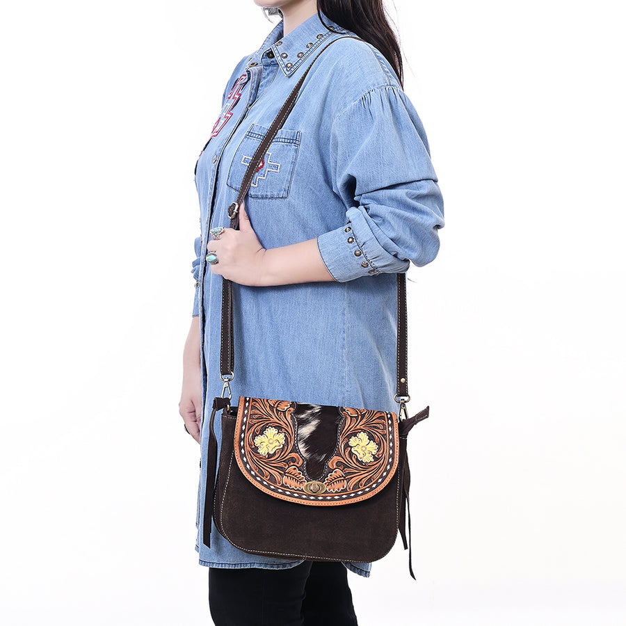 American Darling Hand Tooled Floral Carved Hair-On Cowhide Cross body Bag Genuine Vegetable-Tanned Leather Fringed Purse