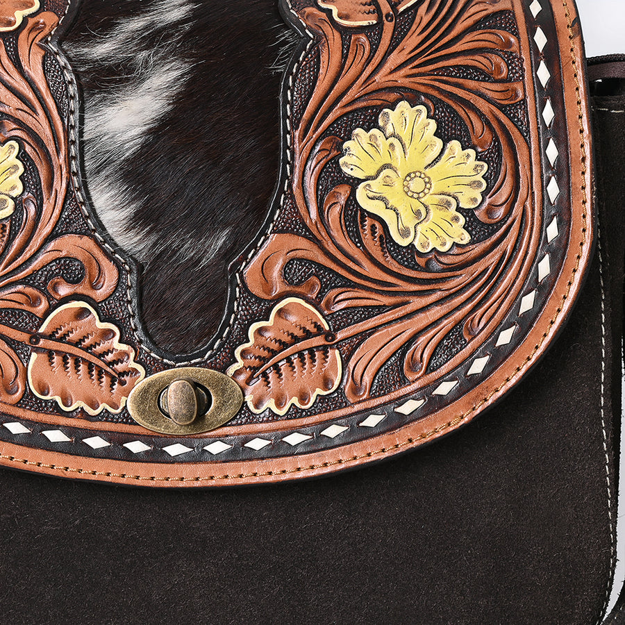 American Darling Hand Tooled Floral Carved Hair-On Cowhide Cross body Bag Genuine Vegetable-Tanned Leather Fringed Purse