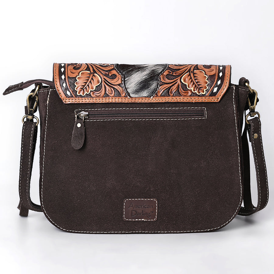 American Darling Hand Tooled Floral Carved Hair-On Cowhide Cross body Bag Genuine Vegetable-Tanned Leather Fringed Purse