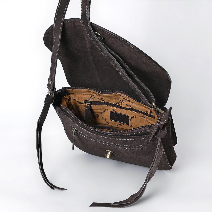 American Darling Hand Tooled Floral Carved Hair-On Cowhide Cross body Bag Genuine Vegetable-Tanned Leather Fringed Purse