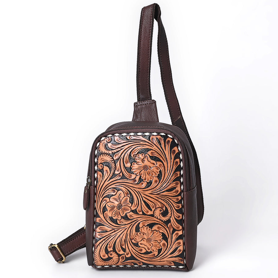 American Darling Hand Tooled Floral Carved Sling Bag Genuine Vegetable-Tanned Full Grain Leather Western Crossbody