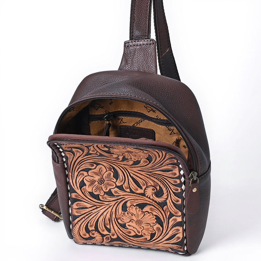 American Darling Hand Tooled Floral Carved Sling Bag Genuine Vegetable-Tanned Full Grain Leather Western Crossbody