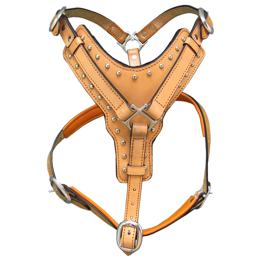 L M Hilason Western Padded Dog Harness Genuine Leather Stainless Steel Tan - Uhorse