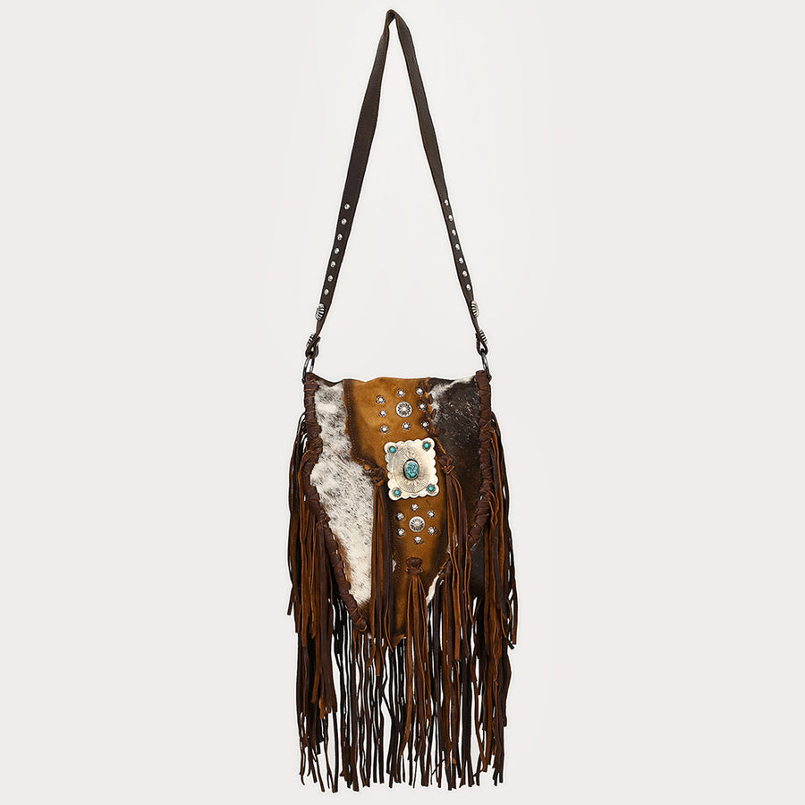 American Darling Messenger Bag Western Hair-On Cowhide Genuine Leather Handcrafted Crossbody Purse with Fringes and YKK Zipper
