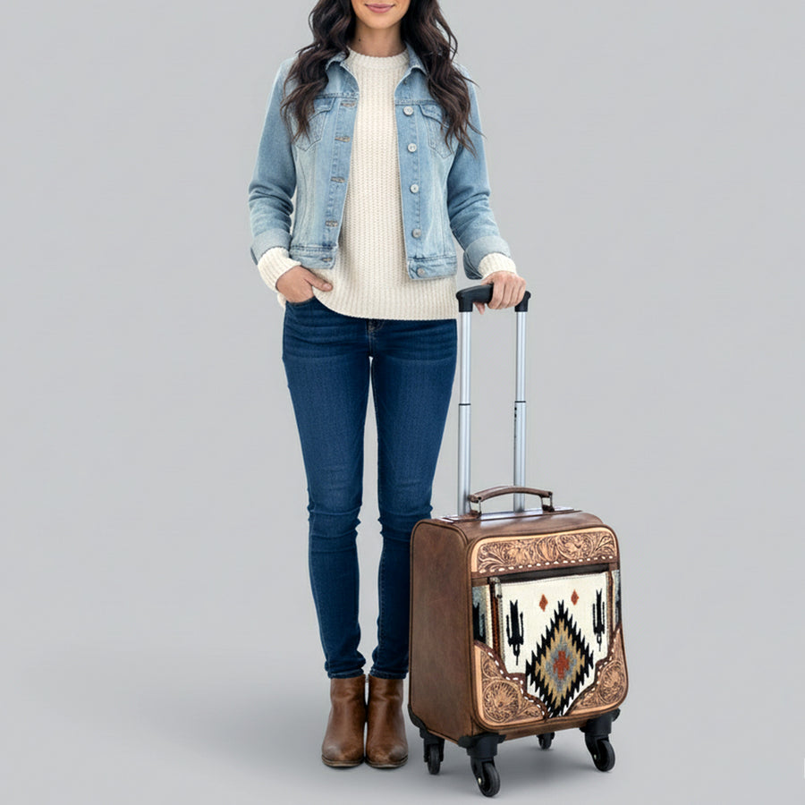 American Darling Western Leather Travel Case with Hand-Tooled Detailing, Buck-Stitched Accents, Saddle Blanket Panel & Genuine Vegetable-Tanned Leather