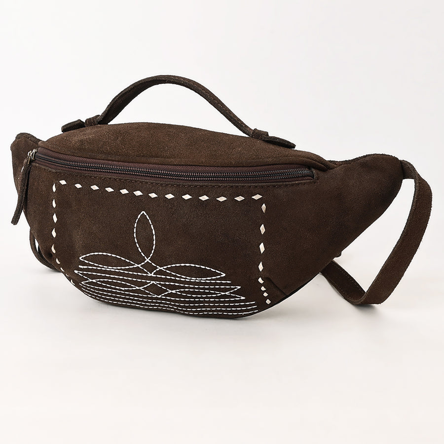 American Darling Western Genuine Suede Leather Fanny Pack with Boot Stitching - Handmade Black Waist Bag - Uhorse