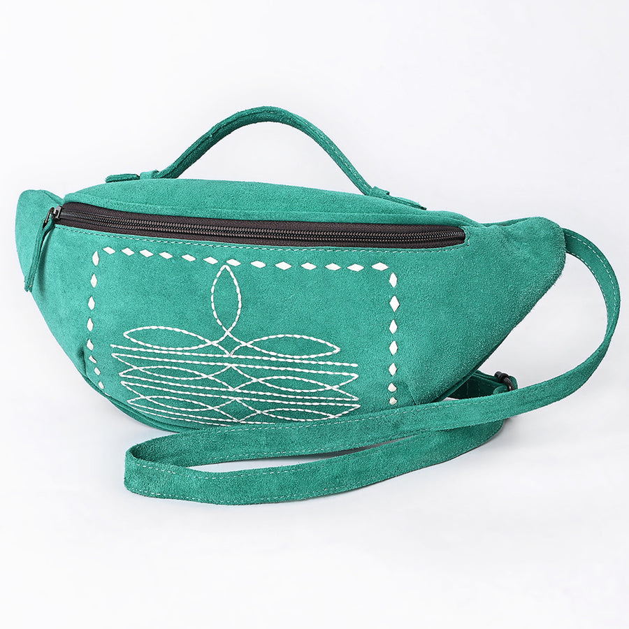 American Darling Western Genuine Suede Leather Fanny Pack with Boot Stitching - Handmade Black Waist Bag - Uhorse