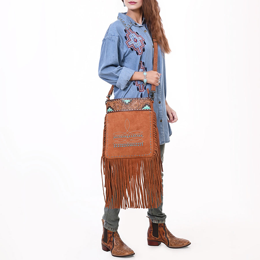 American Darling Western Genuine Suede Large Crossbody Bag with Fringe, Rivet & Boot Stitch Details – Genuine Leather, Handcrafted Design